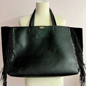 Victoria’s Secret Fringed Tote Bag, Black, Faux Leather, Gold Logo